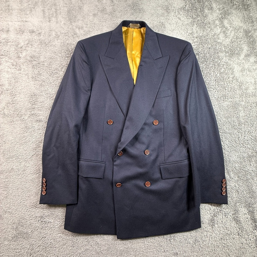 Paul Stuart Mens 41 Navy Double Breasted Blazer Super 100s Wool Cashmere Italy